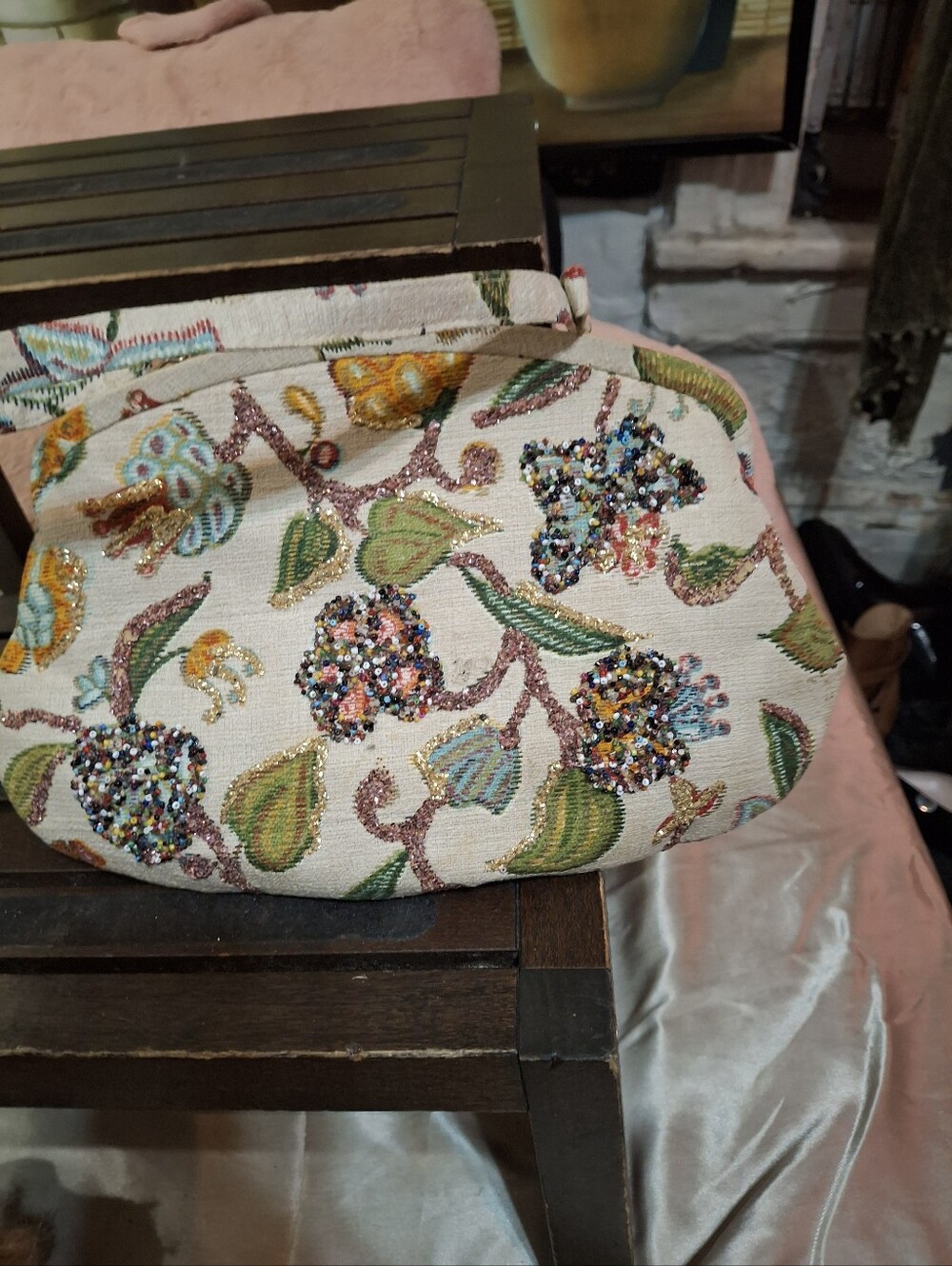 Cream Floral Beaded Hand Bag Vintage 1950